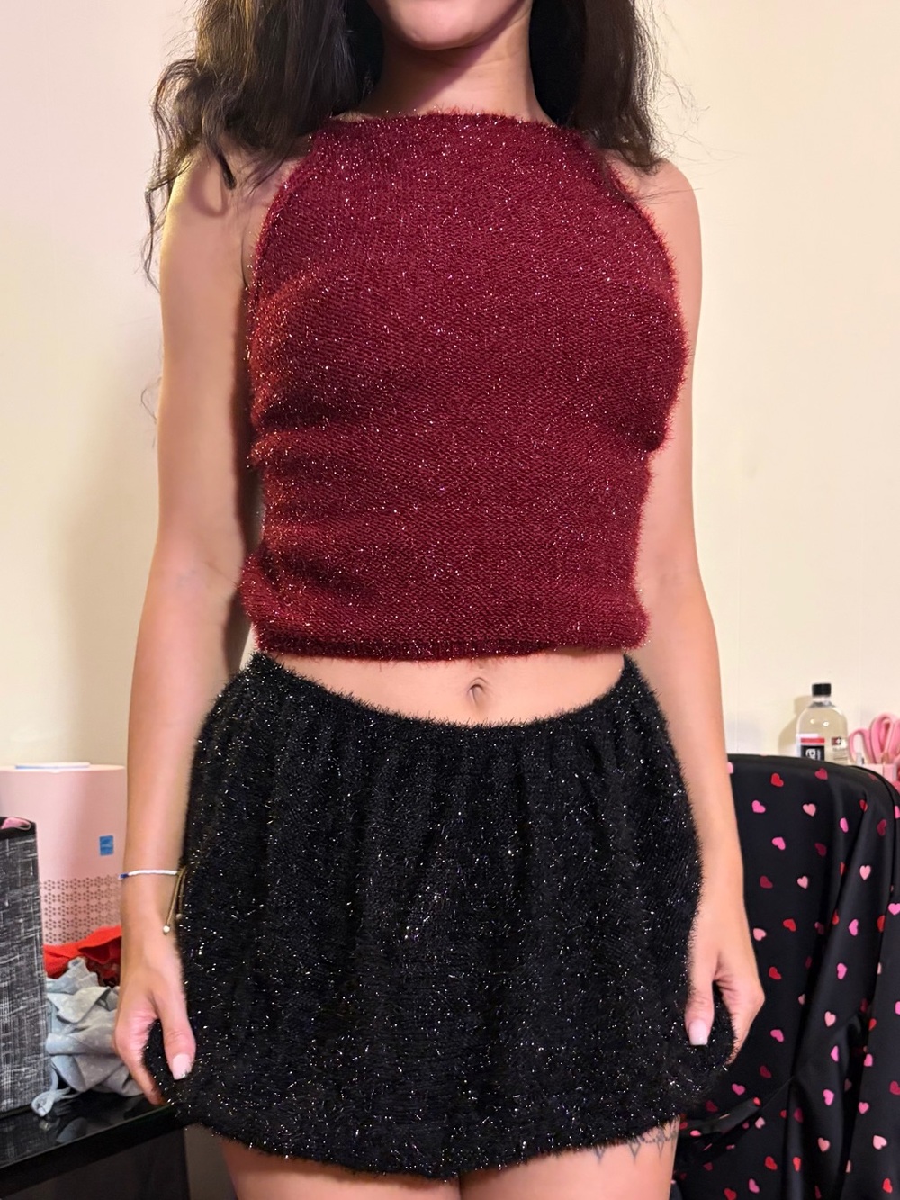 PrettyLittleThing Sparkle Party Outfit Set Burgundy Top + Black Mini Skirt